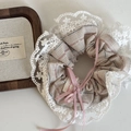 Close-up of handmade lace scrunchie with beige plaid fabric and pink satin ribbon bow - Large Scrunchie (10#) / Milk Tea Striped Lace Pink Bow Scrunchie