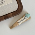 Detailed close-up of handmade cloth-wrapped BB clip with mint green heart and rhinestone - Drop Shape BB Clip (1#) / Yellow Striped Oval Clip Mint Green Heart