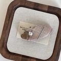 Detail of pink plaid fabric hair clip with a brown heart and faux crystal on a wood tray - Oval Hair Clip (14#) / Pink Plaid Oval Clip Coffee Heart