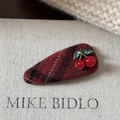 Barrette à cheveux à carreaux style français avec cerises en relief et feuilles cristal - Forme Goutte Cerise Plaid Rouge