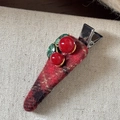 Barrette à cheveux à carreaux rouges style français avec cerises et feuilles vertes - Triangle Cerise Plaid Rouge Croco