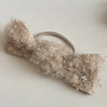 Sweet plush bow hair tie in beige faux fur with sparkling rhinestone accents - Off-white Plush Bow Hair Tie