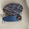 Detailed close-up of blue tweed and velvet BB hair clips with decorative button - Blue Lines Oval
