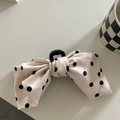 Pinza per capelli vintage francese con fiocco color crema, pois neri e dettaglio in rete - Fiocco Bianco Pois Neri