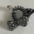 Silver glitter bow hair tie with spiral telephone wire band and heart pendant - 3# Silver Shiny Bow Telephone Cord Tie