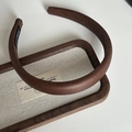 Detail of coffee brown leather headband with handmade label on linen background - Coffee (2cm Headband)