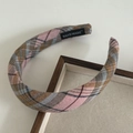 Close-up of a pink plaid padded headband with a handmade label on a wooden tray - 10# Pink Plaid Headband