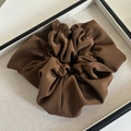 Elegant large pleated dark brown hair scrunchie made of premium matte satin fabric - Khaki
