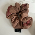 Brown velvet scrunchie with red embroidery and rib knit texture for women's hair styling - Milk Tea With Red Bowknot / Hair Tie