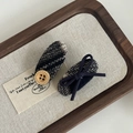 Lot de barrettes à cheveux en tweed à carreaux style anglais avec bouton en bois - Pince Bec de Canard Ovale Texture Rayures Noir et Gris (2#)