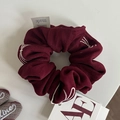 Retro burgundy knit velvet scrunchie with white stitching and handmade label accent - Wine Red With White Bowknot / Hair Tie