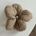 Detailed macro view of a brown plaid flower hair scrunchie with a large pearl center - 6# Coffee Striped Flower Scrunchie