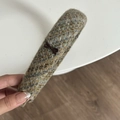 Close-up of thick multicolored tweed headband with small brown bow and vintage texture - Milk Tea (5#)