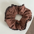 Vintage brown cotton linen scrunchie with white embroidery and lace trim bow hair tie - Black Bow / Khaki Scrunchie