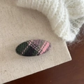 Detail of pink and green tartan fabric texture on an oval-shaped vintage hair clip - Pink Black Plaid Oval Clip (5#)