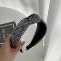 Diadema elegante de tweed blanco y negro con diseño de nudo y textura de cuadros - Diadema Lazo Rayas Negro Gris