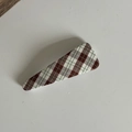 Detail of vintage green plaid fabric bow hair clip with textured weave and red accents - Khaki Striped Triangle Hair Clip