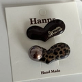 French leopard print heart hair clip set with brown pearl and elegant gold lettering - Leopard Brown Heart Hair Clip Pair