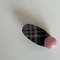 Detail of pink and grey plaid fabric hair clip featuring a large glossy resin bead accent - Gray Plaid With Pink Bead Style