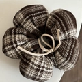 Brown and beige plaid fabric hair scrunchie with a pumpkin flower shape and ribbon tie - Coffee Floral Scrunchie With Bowknot