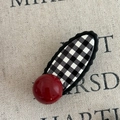French style red bead checkered duckbill clip for women with elegant black wave edge decoration - 6cm / Oval Black White Gingham Clip With Red Bead