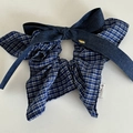 Vintage blue checkered bow scrunchie with denim texture and gold metal logo charm - Stripe Denim Bow