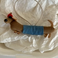 Handmade dachshund puppy bag charm in brown stripes and denim fabric with red pompom - Blue Denim Dress Dog Hair Tie