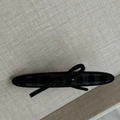 Retro grey plaid hair clip with black velvet bow accent for classic elegant styling - Gray Striped Oval With Black Bow