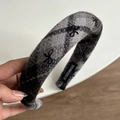 Detailed macro view of gray plaid wool headband texture with handmade inner label tag - Thickened Striped Plaid Style / Black Stripe (Bow)