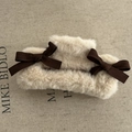 Plush cream faux fur hair claw clip with dark brown bows for women's thick hair styles - Creamy Plush Square Bow Claw Clip Pair
