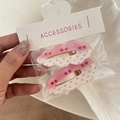 Fermagli per capelli a pois rosa e bianchi con ciliegie e base in metallo dorato - Tripla Ciliegia Punti Rosa
