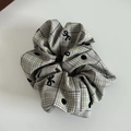 Retro grey and white plaid scrunchie with black polka dots and bows for a stylish high ponytail - Khaki Stripe Polka Dot Scrunchie (6#)