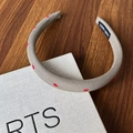Beige wide fabric headband with red heart patterns and a woven Handmade label - Milk Tea Headband Red Heart (17#)