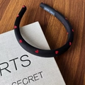Black padded satin headband with red heart patterns and handmade label detail - Black Headband Red Heart (15#)
