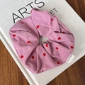 Pink purple scrunchie with red heart patterns and a handmade label on a book - Pink Scrunchie Red Heart (13#)