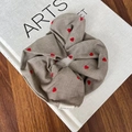Beige satin scrunchie with red hearts and 'Hand Made' label on artistic book - Milk Tea Scrunchie Red Heart (11#)