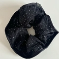 Elegant black scrunchie with white polka dots and satin edge for chic ponytail styling - Black Hair Tie with White Small Polka Dots