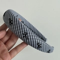 Detail of wide plaid headband with black embroidered bows and houndstooth texture - Black and White Houndstooth Bow Headband