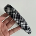 Close-up of black and white plaid wide headband with delicate butterfly embroidery - Black White Plaid Headband