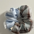 Sweet blue satin and plaid scrunchie with white lace trim for elegant ponytail hairstyles - Blue Striped Scrunchie
