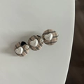 Close-up of plaid fabric hair clip with white heart buttons and pearl beads details - Milk Tea Striped Triple Oval Heart Hair Clip (10#)