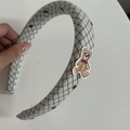 Blue plaid sponge headband with cute embroidered bear detail for hair styling - Blue Striped Bear Headband (15#)