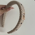 Close-up of padded beige plaid headband with cute embroidered bear patch detail - Milk Tea Striped Bear Headband (16#)