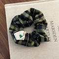Classic navy blue plaid scrunchie with heart embroidery on a vintage book cover - 15# Green Checkered Scrunchie