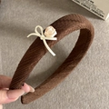 Close-up of brown crepe headband with cream satin rose and ribbon bow detail - Khaki Headband with White Flower (4#)