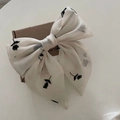 Large cream chiffon bow hair clip with elegant black rose floral pattern - White Black Rose Bow Hair Clip (10#)
