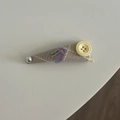 Detail of vintage plaid hair clip with button, purple tassel and metal handmade tag - Milk Tea Triangle Clip With Button