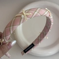 Pink and green plaid fabric headband with elegant ribbon bows and pearl details - Headband / Pink Plaid