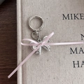 Silver bow heart pendant with pink ribbon on a fabric book cover for bag decor - Silver Bow Pink Ribbon