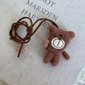 Handgefertigter brauner Cord-Teddybär-Anhänger mit grauem Plüschball und Kaffeeband - Kaffee Bär Trageband